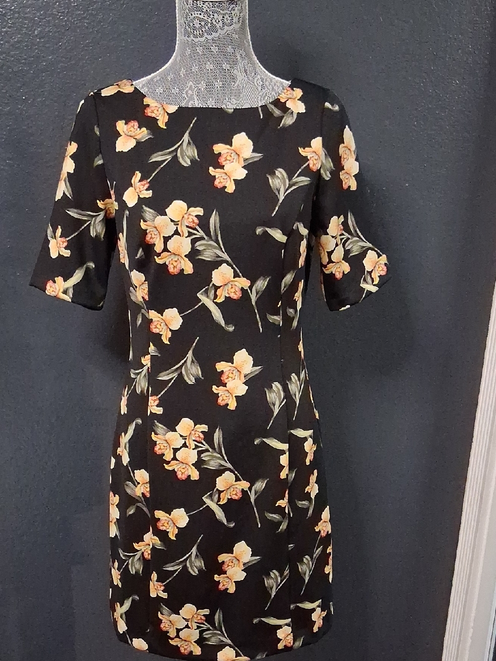White House Black Market Black Mini Dress with Yellow Floral Print